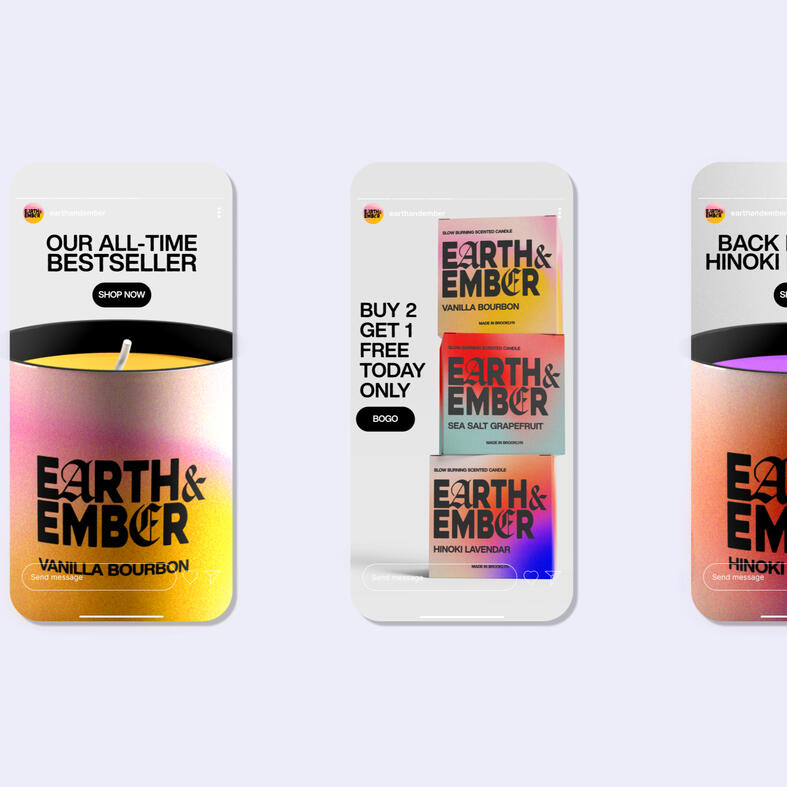 EARTH &amp; EMBER: a Brooklyn based scented candle brand with bright colors and noisy textures. #Branding #Socials #EmailMarketing #ContentStrategy #Packaging